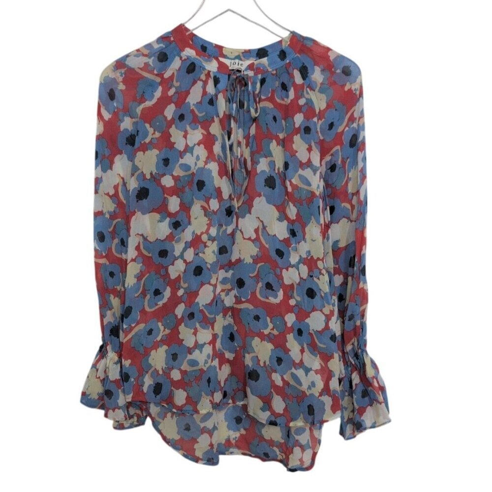Joie Floral Silk Cecarina Shirt Womens Size Medium Red Blue Lightweight Sheer